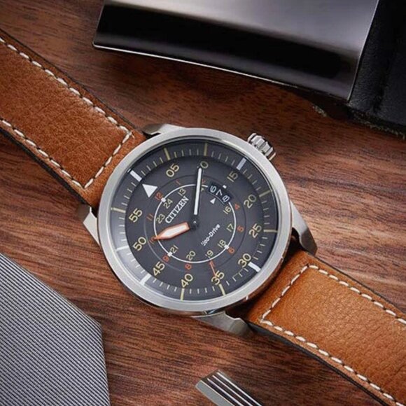 Citizen Mens 45mm Gray Face Dial Leather Brown Watch - Picture 6 of 7